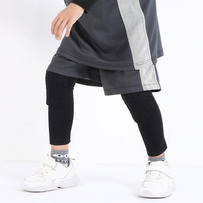 Blue kids padded knee support sleeve worn during sports activity