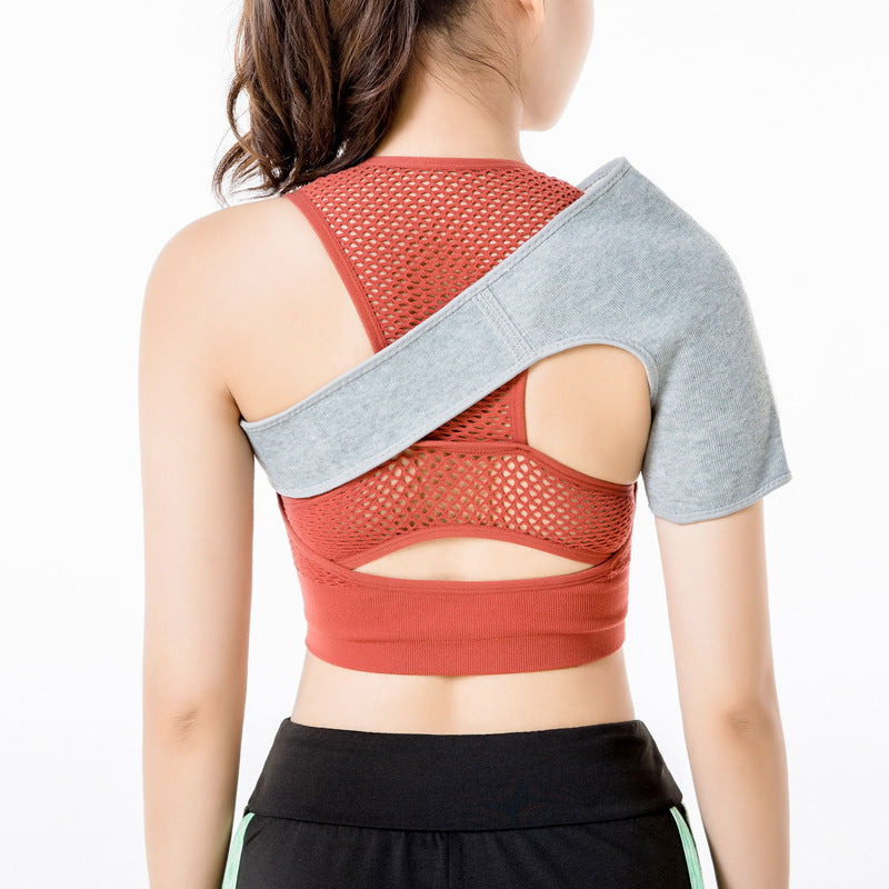 Front view of single shoulder support strap in gray and red design