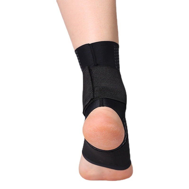 Side view of ankle brace on foot showing heel opening and supportive wrap structure