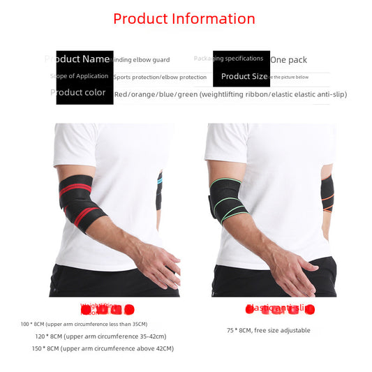 Compression elbow support wrap shown with multiple wear and feature views