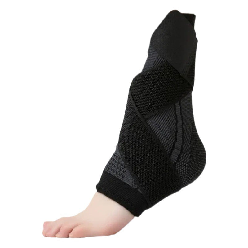 Side view of black knitted ankle brace showing wrap strap structure