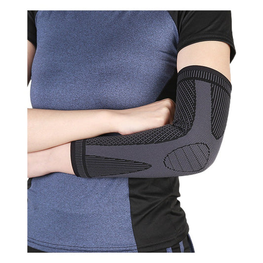 Compression elbow sleeve on arm with slip-on fit and breathable knit design