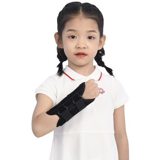 Black kids wrist brace with adjustable strap closure and splint-style shape