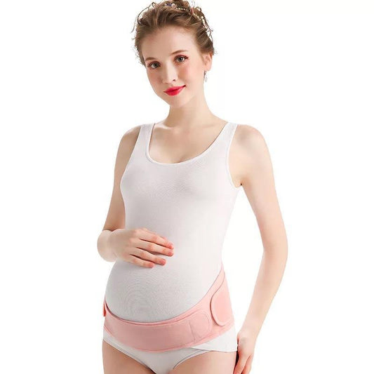 Front view of skin tone maternity belly support belt on model