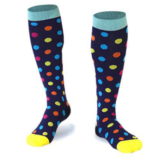 Knee-high compression socks with a dark blue polka-dot pattern and closed toes