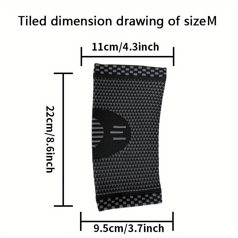 Black elbow support sleeve close-up with size measurement illustration