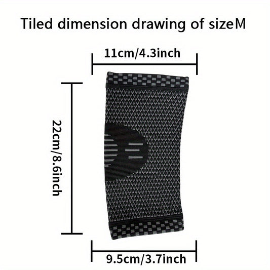 Black elbow support sleeve close-up with size measurement illustration