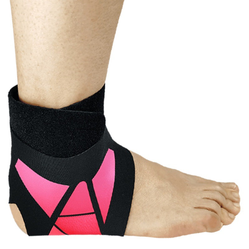Black and pink ankle support brace worn on foot showing side wrap fit