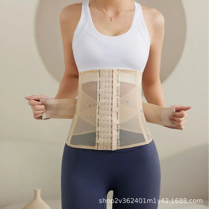 Side view of a maternity belly support belt worn to show its wraparound design