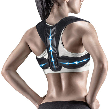 Black posture corrector brace flat lay showing padded construction and adjustable strap closure