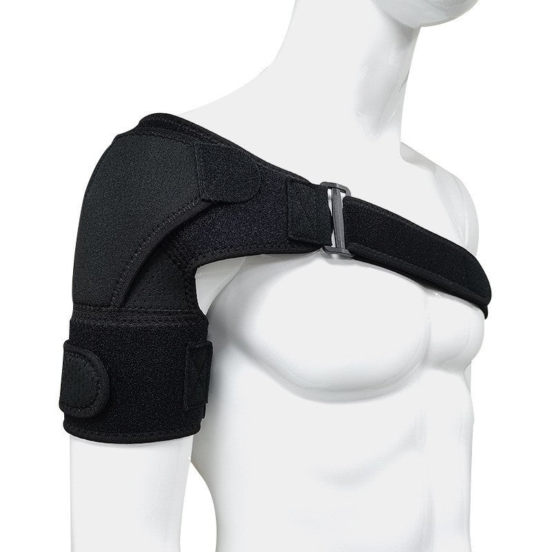 Breathable shoulder brace worn on model with adjustable chest strap