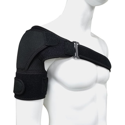 Breathable shoulder brace worn on model with adjustable chest strap