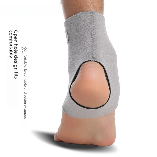 Open heel ankle brace showing layered neoprene and fabric construction with adjustable compression wrap