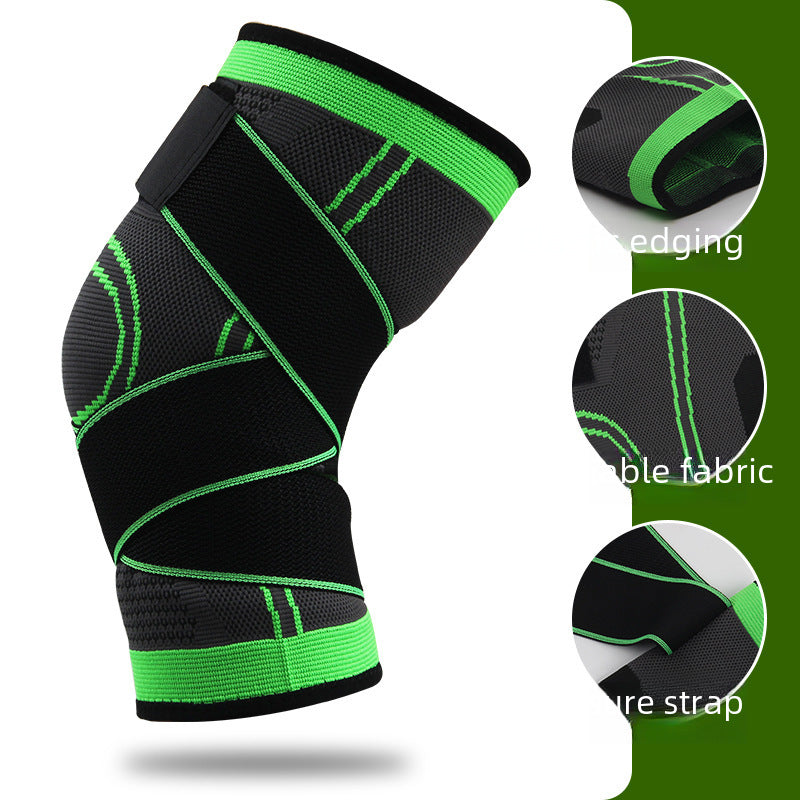 Close-up feature view of breathable knee support brace with compression strap