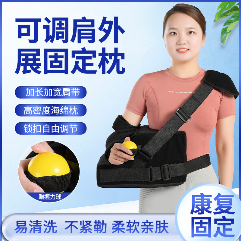 Left-side shoulder abduction brace worn by a model against a white background