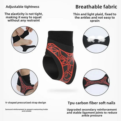 Breathable adjustable ankle brace sleeve in black with red reinforcement detail on white background
