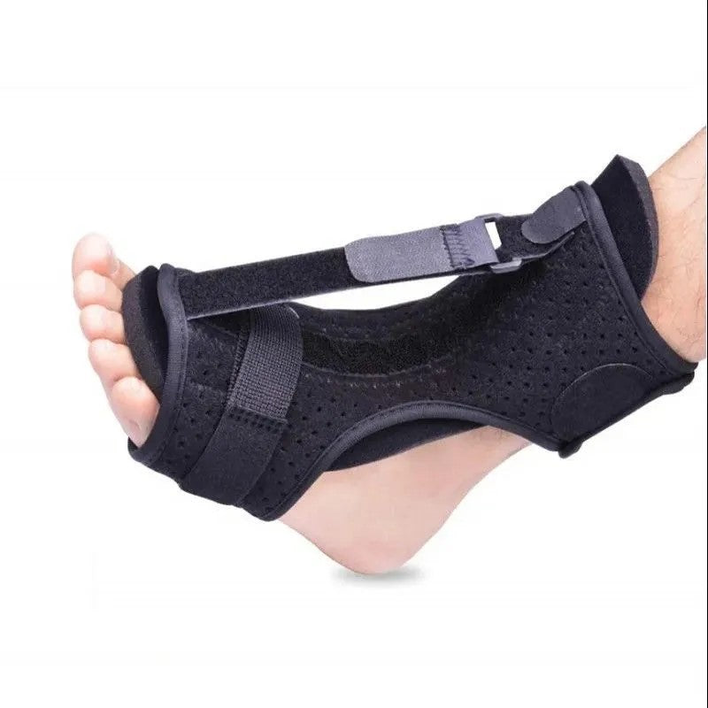 Side view of black foot drop brace showing open-toe design, perforated fabric, and ankle coverage