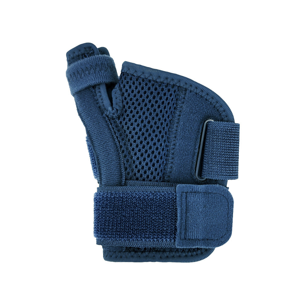 Black thumb wrist brace in use with visible support strips and adjustable fit