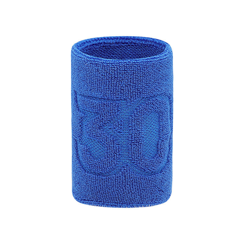 Blue cotton terry wrist support sweatband shown on white background
