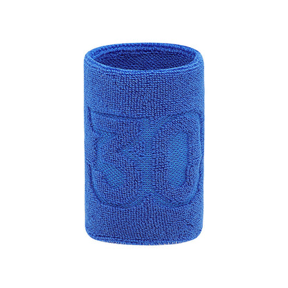 Blue cotton terry wrist support sweatband shown on white background