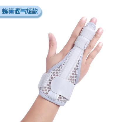 Side view of breathable thumb support brace worn on hand