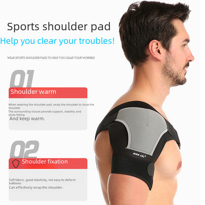 Black shoulder support brace worn on shoulder with adjustable compression straps