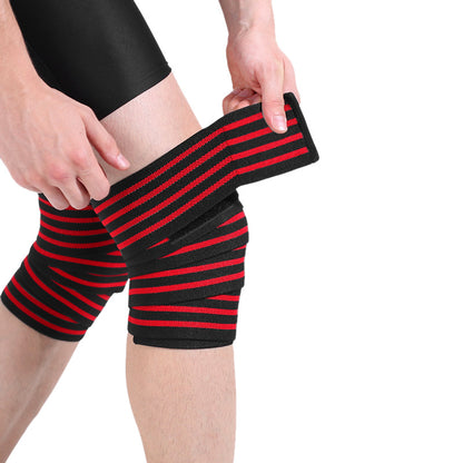 Orange striped knee support wrap worn on the knee