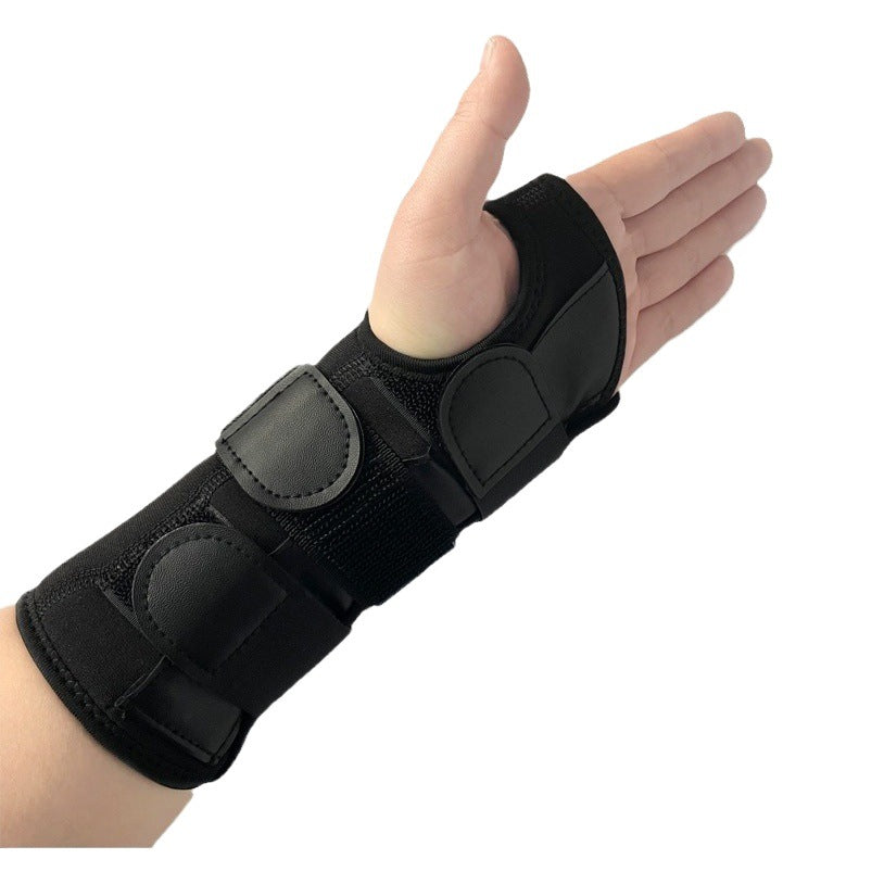 Black adjustable thumb wrist brace worn on hand with thumb opening and wrist support