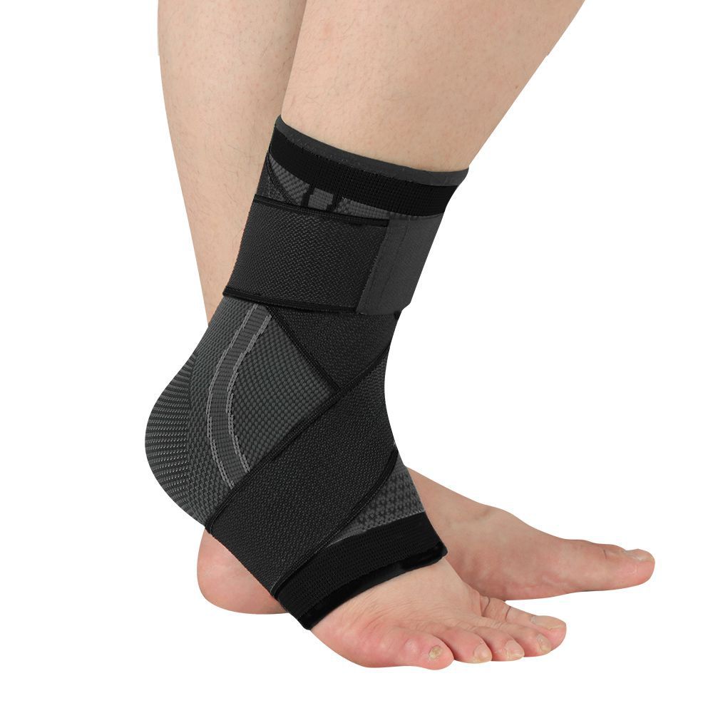 Black ankle brace support sleeve showing compression knit and adjustable wrap strap