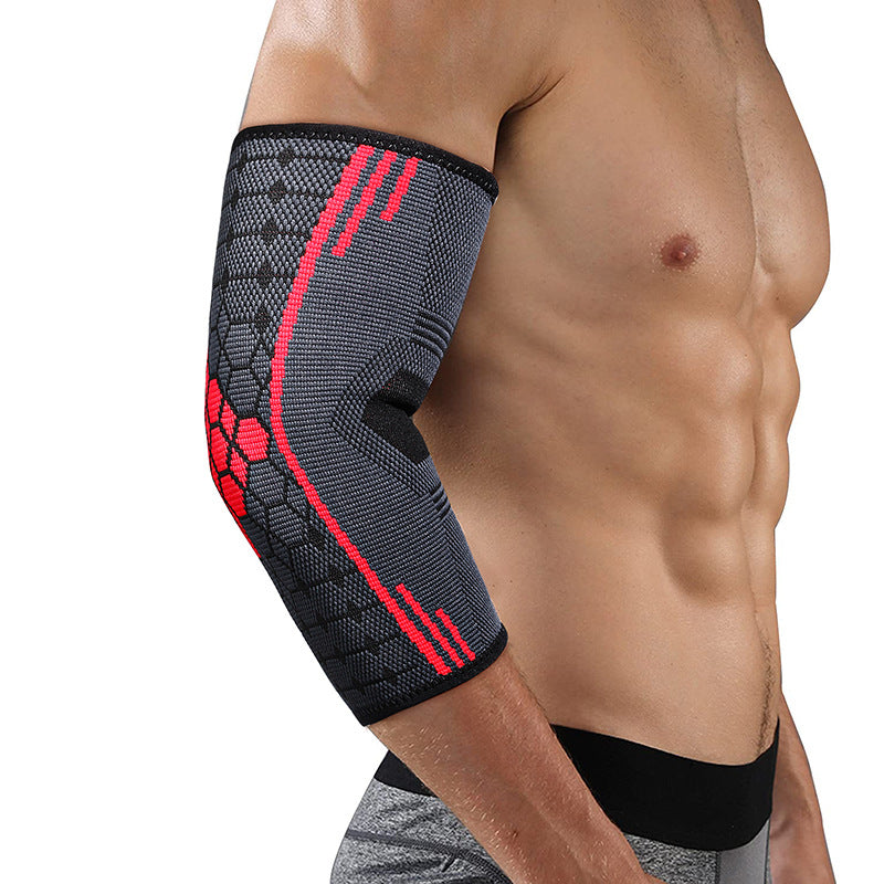 Lake blue elbow support sleeve on model showing color and slip-on design