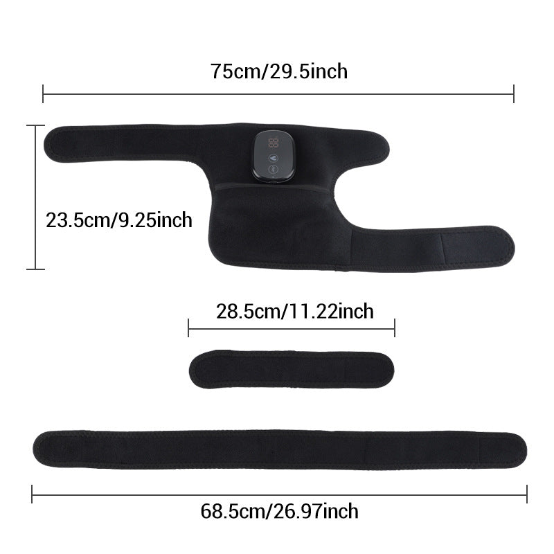 Black heated support brace laid flat showing wrap shape and size reference