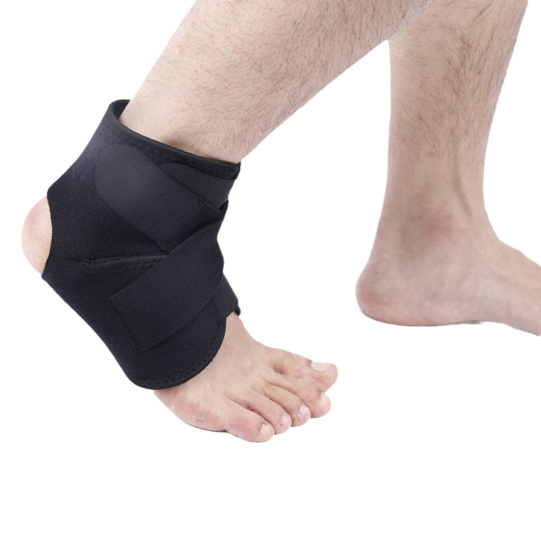 Compression ankle support brace showing secure fit around ankle and foot