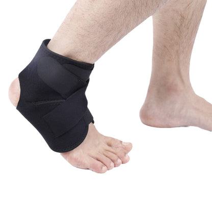 Compression ankle support brace showing secure fit around ankle and foot