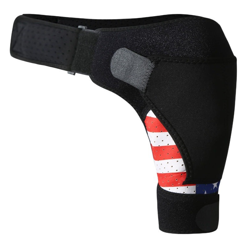 Close-up of shoulder brace showing perforated fabric, contoured shape, and inner lining