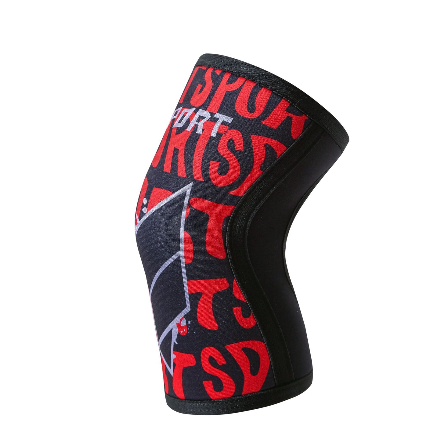 Patterned dark red and black knee support sleeve close-up on white background