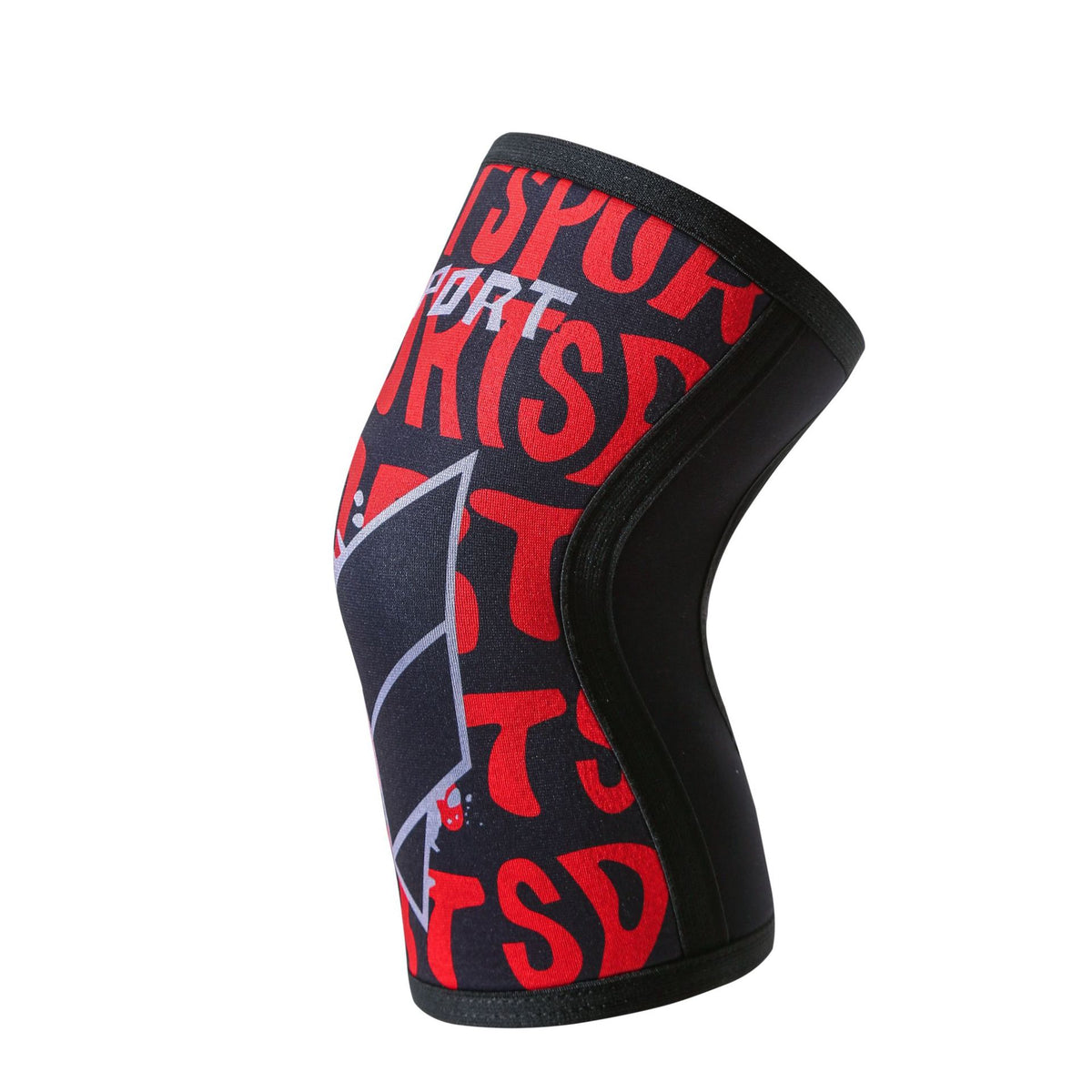Patterned dark red and black knee support sleeve close-up on white background