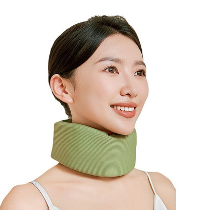 Model wearing a fruit green adjustable soft neck support brace with wraparound collar design