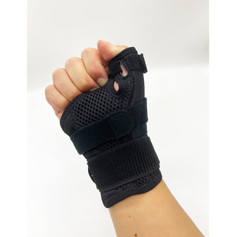 Angled view of black open-finger thumb wrist brace showing thumb support and wrist wrap