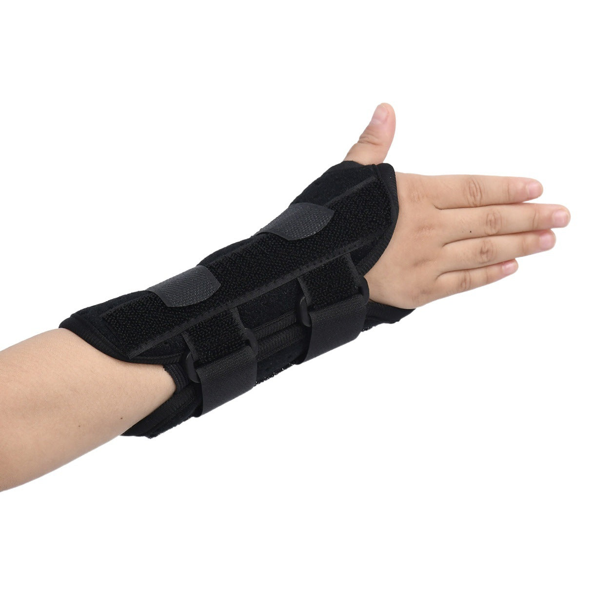 Black adjustable pediatric wrist support brace with wraparound forearm coverage and support straps