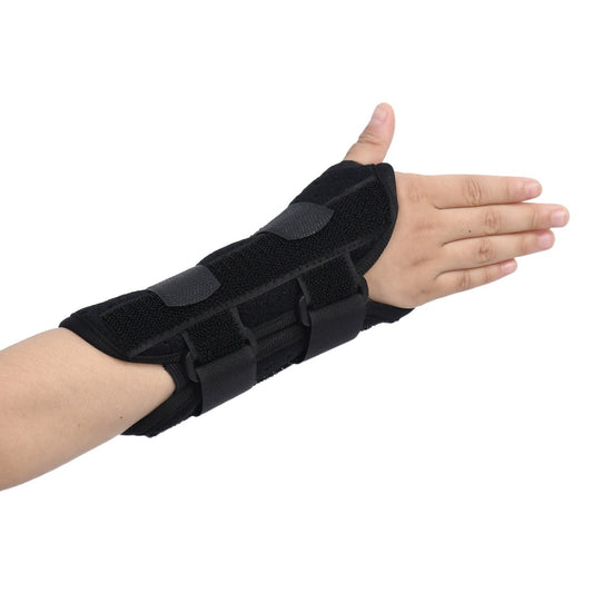 Black adjustable pediatric wrist support brace with wraparound forearm coverage and support straps