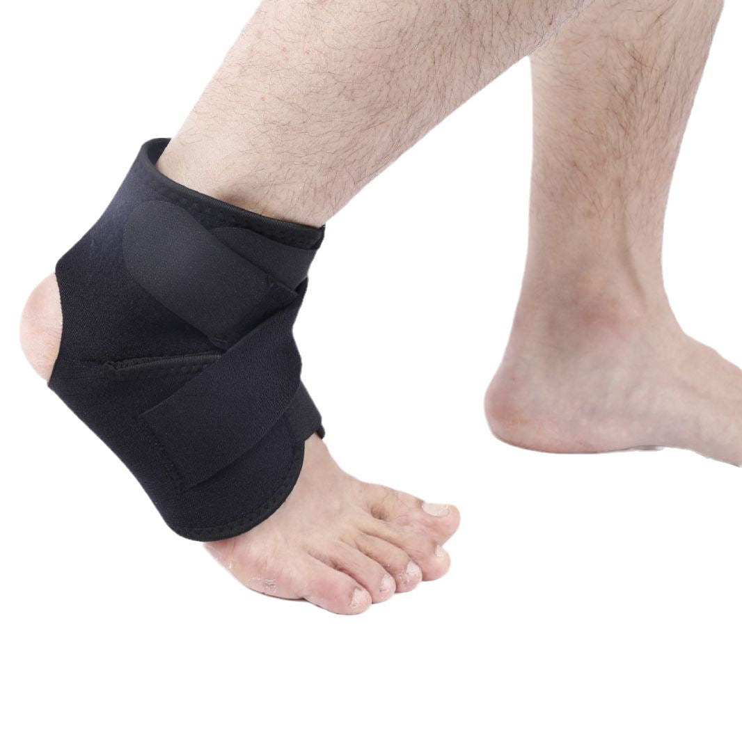 Side view of black ankle brace with hook-and-loop wrap strap
