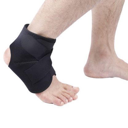 Side view of black ankle brace with hook-and-loop wrap strap