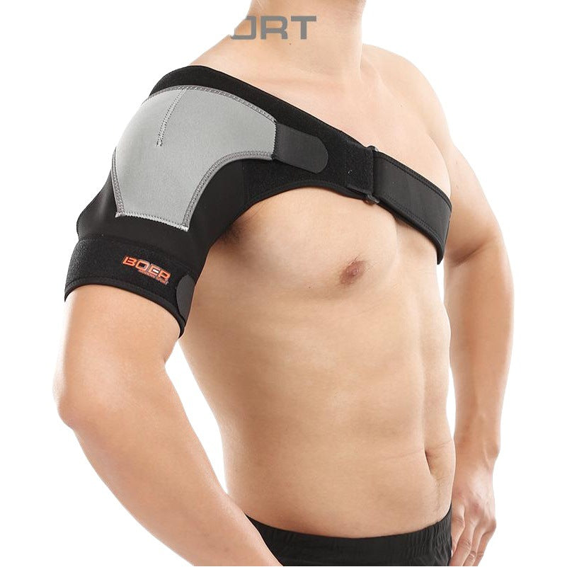 Adjustable shoulder support brace worn on the right shoulder in black and gray