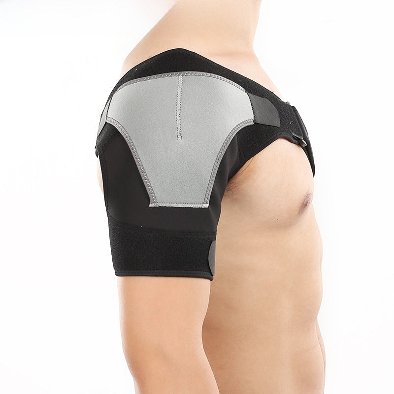 Side and back view of the adjustable shoulder brace showing shoulder and upper arm coverage
