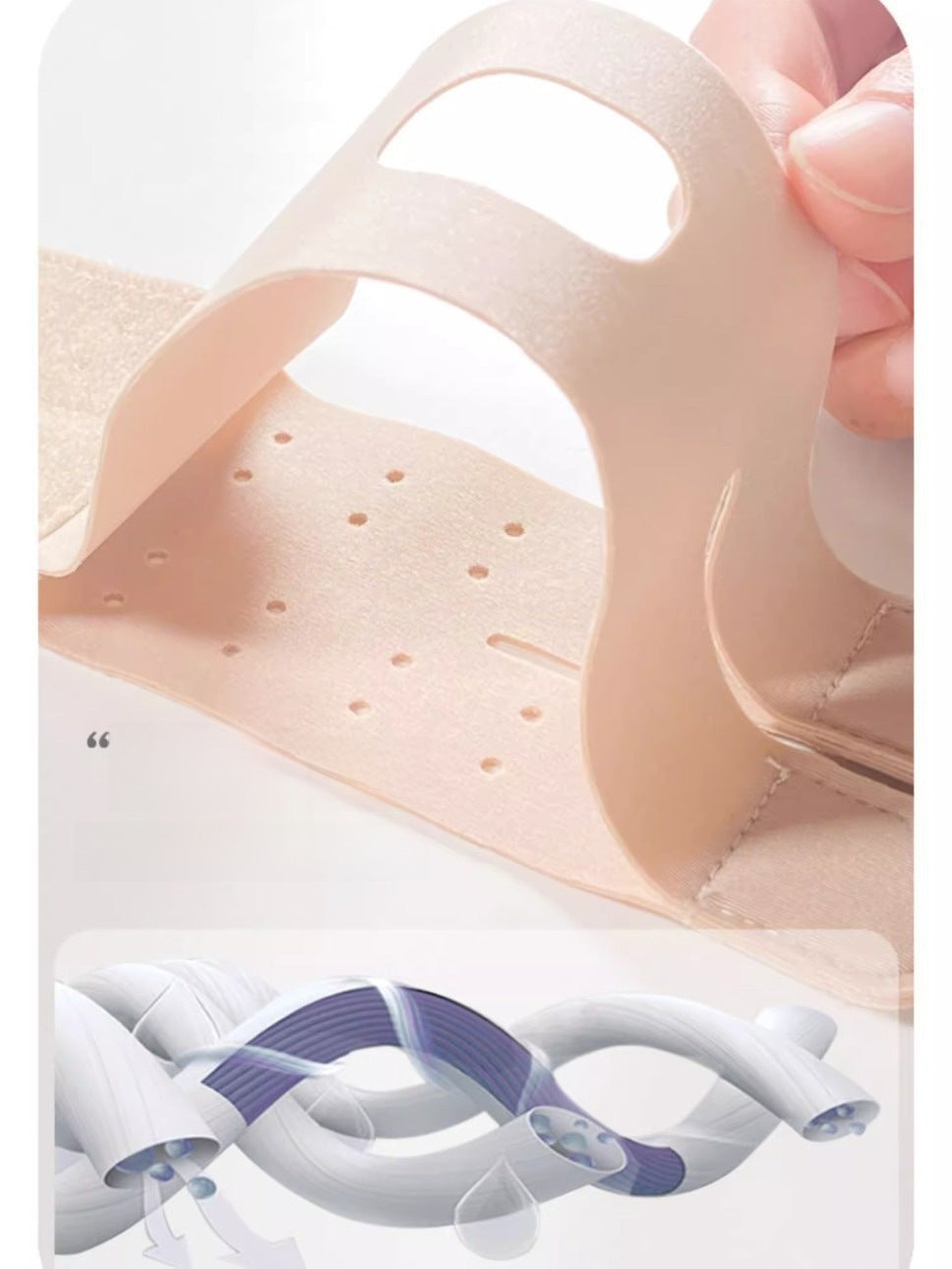 Close-up of perforated elastic material on thumb wrist brace sleeve