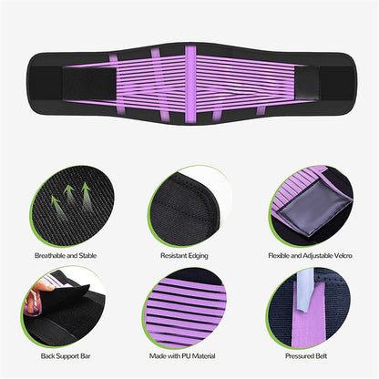 Adjustable maternity belly support belt in black with purple support straps shown flat on a white background