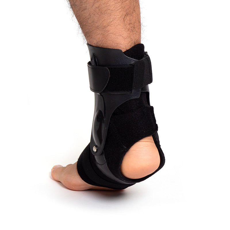 Adjustable ankle brace with rigid side support and open heel worn on foot