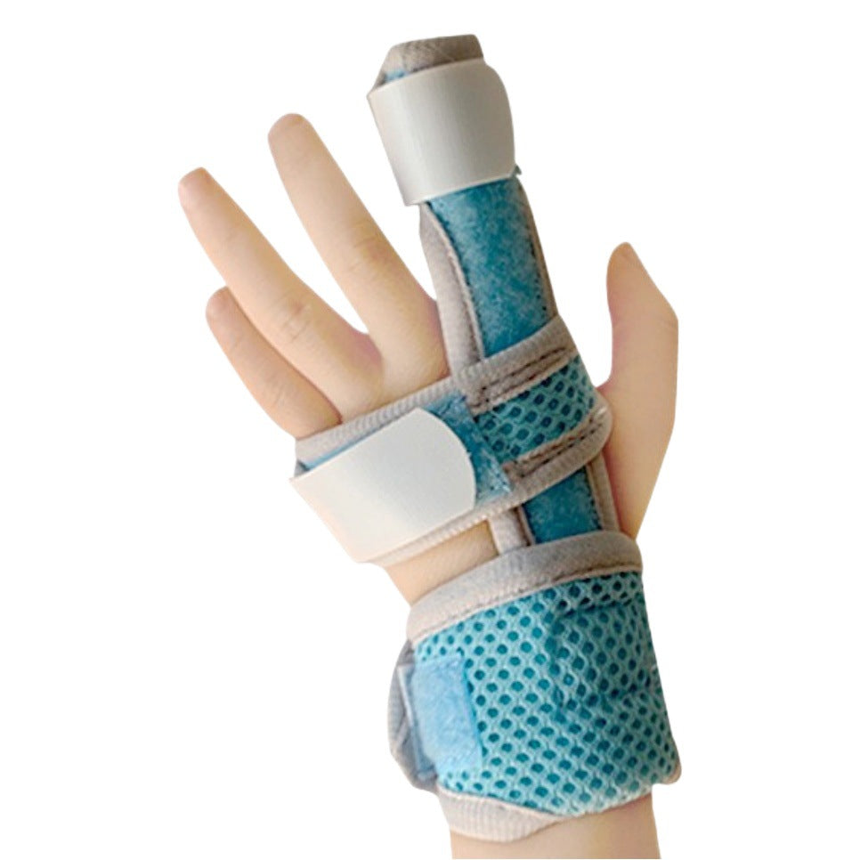 Blue kids finger support brace worn on a hand with adjustable straps and breathable mesh