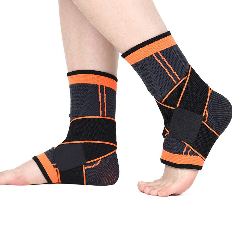 Black ankle support brace sleeve with wrap straps shown worn on ankles against a white background