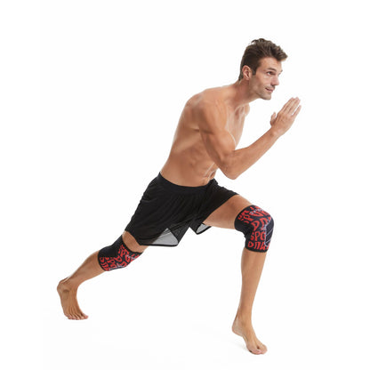 Black sports knee support sleeves with red inner accents on a white background